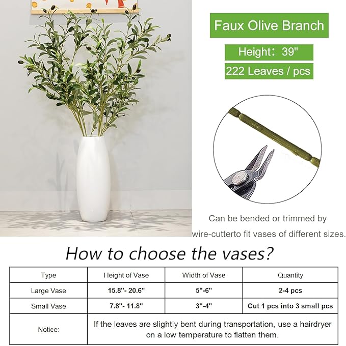 39 Inch Artificial Olive Branch Greenery Stems Fake Plants with 222 Leaves for Vase Faux Olive Branches Home Decor Indoor 2PCS
