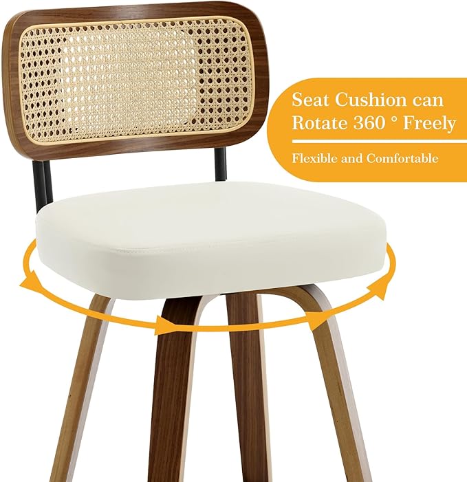 Swivel Bar Stools Set of 4, Upholstered Faux Leather Barstools with Rattan Back, 29" Seat Height Bar Chairs for Kitchen Island, Bentwood Wood Frame, Cream White