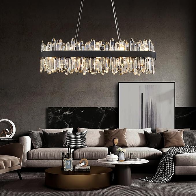 Modern Rectangular Crystal Chandelier, 20-Lights Black Raindrop Chandelier Lighting Contemporary Pendant Ceiling Light Fixture for Dining Room Living Room Kitchen Island L35.4''