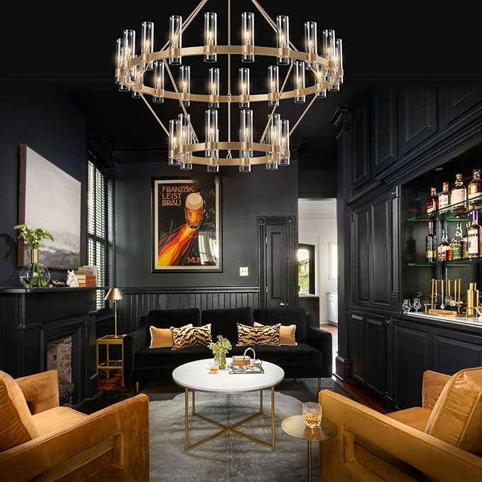 60" Gold Chandelier, 2 Tier Wagon Wheel Chandelier with Glass Shade, 30-Lights Large Round Modern Farmhouse High Ceilings Pendant Lighting Fixture for Dining Room, Living Room, Kitchen, Foyer