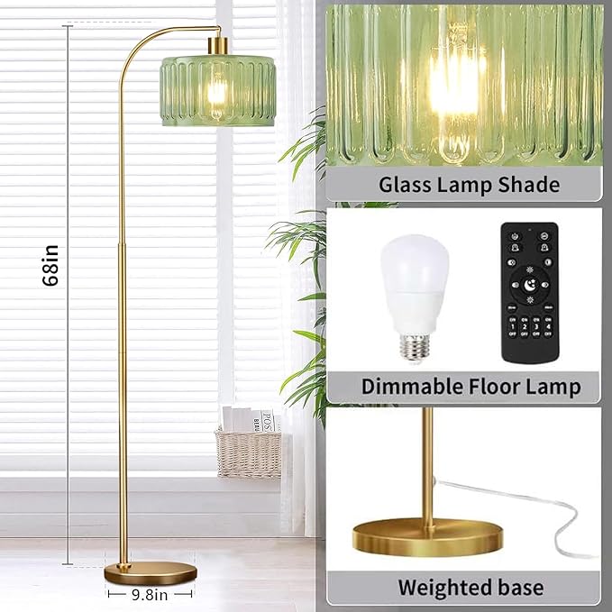 Gold Floor Lamp for Living Room,Bedroom,Mid Century Modern Standing Lamp with Remote,Dimmable Brass Tall Lamp Glass Lamp Vintage Retro Arc Floor Lamps Flower Floor Light Boho Bohemian