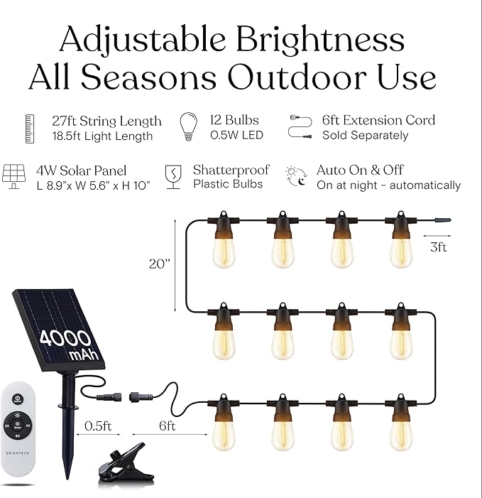 Brightech Ambience Pro Super Bright Solar - 27Ft Remote Control Outdoor String Lights with 12 Shatterproof S14 Bulbs, Commercial Grade LED, Waterproof Patio Lights, 4W Soft White for Patios, Gardens