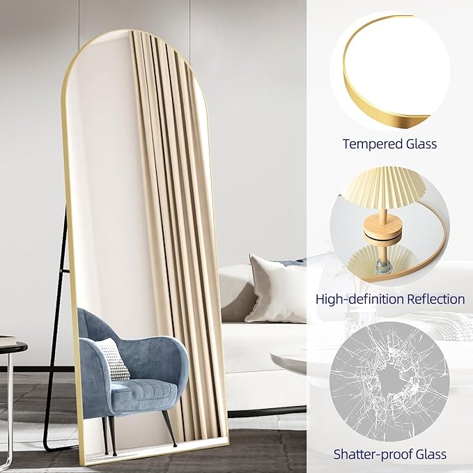 65"x24"Arched Full Length Mirror with Stand,Gold Full Body Mirrorr,Shatterproof Tempered Glass&Aluminum Alloy Frame,Freestanding Large Mirror for Bedroom,Living Room,Dressing Room