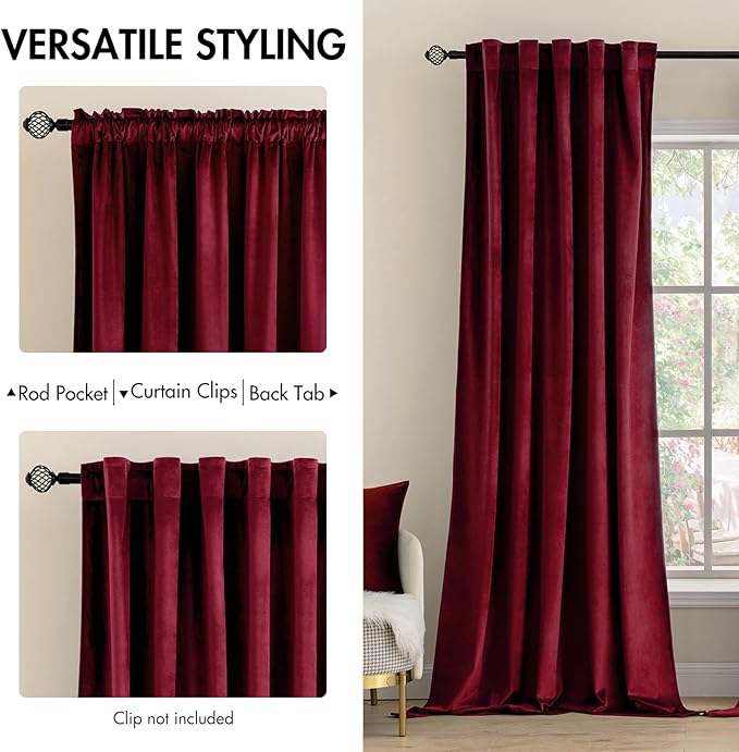 MIULEE Velvet Curtains 63 inch Length 2 Panels - Luxury Blackout Curtains for Bedroom Living Room Thermal Insulated Super Soft Christmas Decoration Window Drapes Rod Pocket & Back Tab, Burgundy Red
