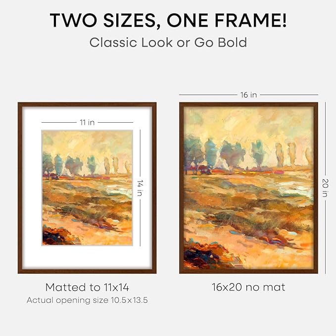 Homeforia 16x20 Picture Walnut Frame, High End Dark Oak 16x20 Wooden Brown Frames with Mat 11x14, 16 x 20 Wood Poster Frame Matted to 11 by 14, 20x16 Hanging Frames, Tempered Glass, Wall Kit, Set of 1