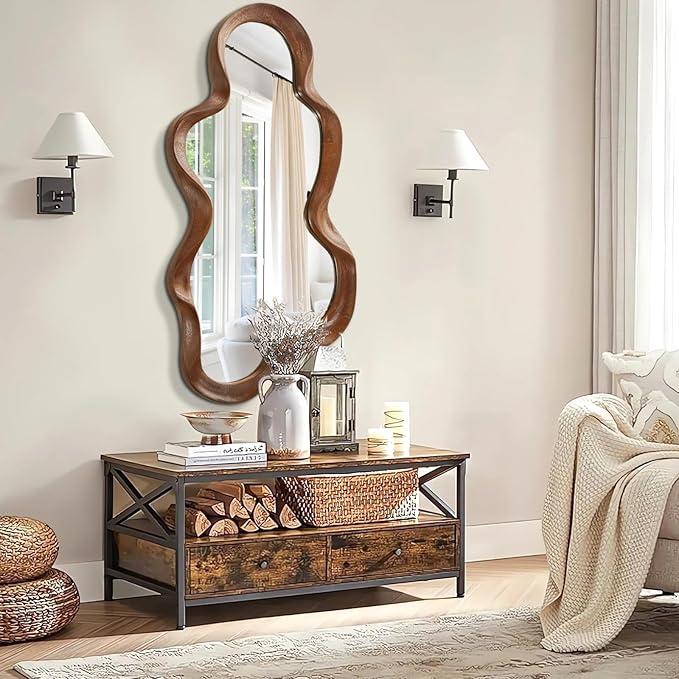Large Asymmetrical Mirror Irregular Wood Frame Modern Unique Wall Mounted Artistic Wavy Mirrors Decor Bathroom Vanity Bedroom Living Room Entryway Hallway 47"x22"