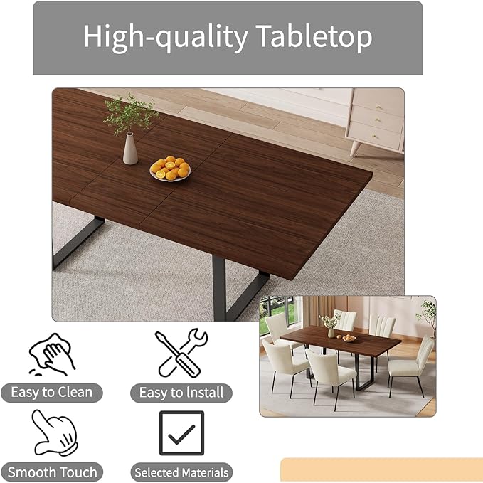 ZckyCine 63"-79" Expandable Dining Table Set for 6-8, Modern Walnut Table with Metal Legs and 6 White Velvet Upholstered Chairs, Kitchen & Dining Room Furniture, Easy Assembly