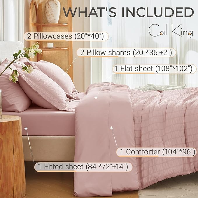 MUXHOMO 7 Pieces California King Comforter Set, Seersucker Bed in a Bag Cal King Size, All Season Luxury Bedding Set with Comforter, Flat Sheet, Fitted Sheet, Pillowcases & Shams, Rose Gold