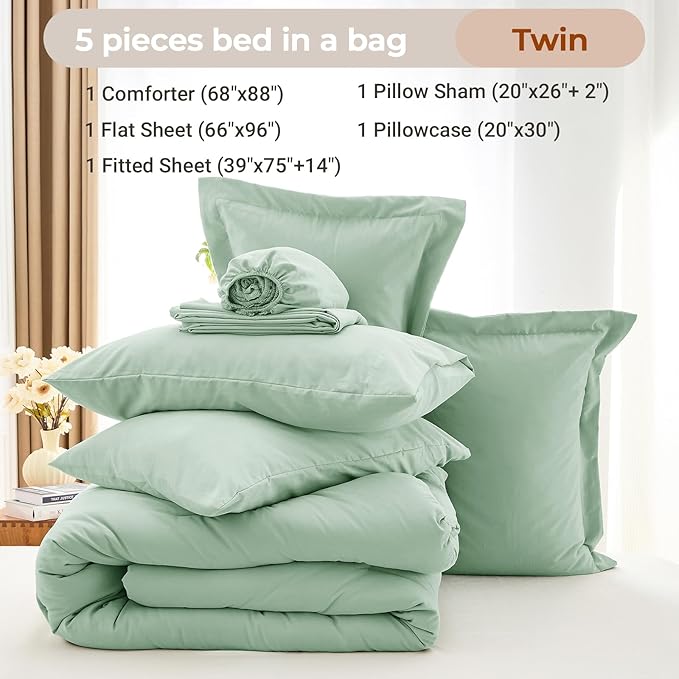 MUXHOMO 5 Pieces Twin Comforter Set, Soft Bed in a Bag Twin Size, All Season Bedding Set with Comforter, Flat Sheet, Fitted Sheet, Pillowcases & Shams, Sage Green