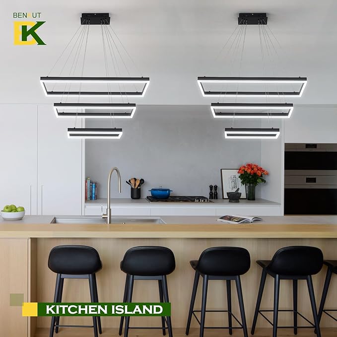 3 Rings Modern LED Chandelier Black 31.5inch Rectangle Dimmable LED Pendant Light with Remote Control 3 Tier Flush Mount High Ceiling Light for Dining Living Room Foyer(3000K-6500K, H71)