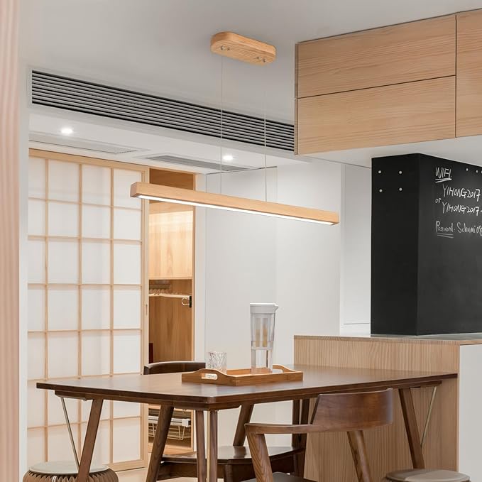 31" Wooden Linear Pendant Light LED Pendant Light Dimmable Pool Table Island Lights Modern Linear Chandeliers for Dining Room Kitchen Ceiling Pendant Lamp for Dining Room Kitchen Island Natural