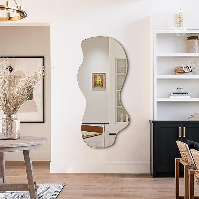 POZINO Large Irregular Mirror, Asymmetrical Full Length Mirror, 55"x25.5" Gold Wavy Shaped Mirrors, Modern Frameless Decorative Mirrors for Dressing Living Room Bathroom Bedroom Hallway Entryway