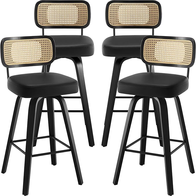 Swivel Counter Height Bar Stools Set of 4, Upholstered Faux Leather Barstools with Rattan Back, 26" Seat Height Bar Chairs Island Stools for Kitchen Counter, Black Wood Frame, Black