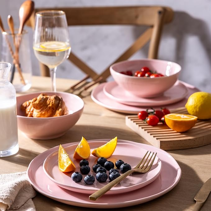 LERATIO Ceramic Dinnerware Sets for 4,Porcelain Plates and Bowls Sets with Wavy Edge,Microwave & Dishwasher & Oven Safe,Light Weight & Scratch Resistant Dishes Sets-Service for 4 (12pcs)-Pink