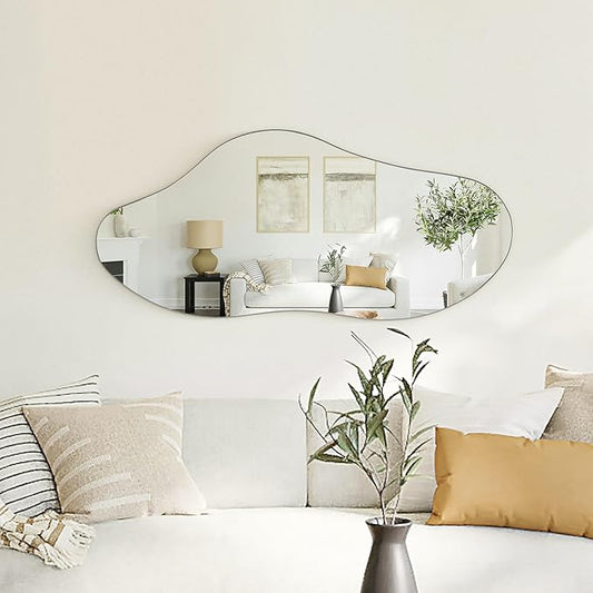 Irregular Wall Mirror, 38.5" x 17.7" Black Bathroom Mirror, Iron Framed Asymmetrical Mirror, Hanging Mirrors for Walls Make up Dressing Mirrors for Bedroom/Hallway/Livingroom Decor