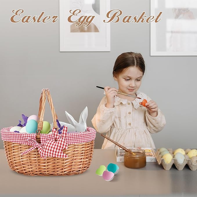 G GOOD GAIN Wicker Picnic Basket with Double Folding Handles,Willow Picnic Hamper,Natural Hand Woven Easter Basket,Easter Eggs and Candy Basket,Bath Toy and Kids Toy Storage,Gift Packing Basket.Red