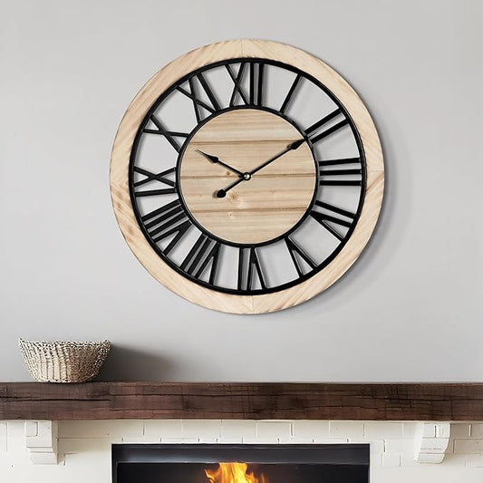 LEIKE 16 Inch Large Wall Clock - Rustic Wooden Silent Non-Ticking Wall Clock with Black Metal Frame, Vintage Farmhouse Decorative for Living Room, Bedroom, Kitchen - Roman Numerals, Modern Design