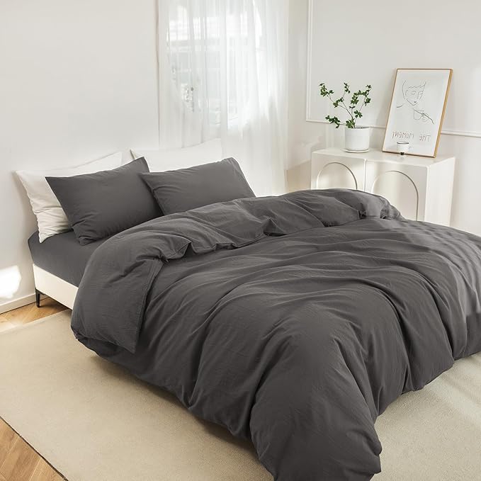 JIYUAN 100% Washed Cotton Duvet Cover Set 3 Pieces Full, 1 Duvet Cover 80x90 Inches(Comforter Not Included) and 2 Pillowcases,Linen Feel Bedding Set Comfy and Breathable,Solid Dark Grey