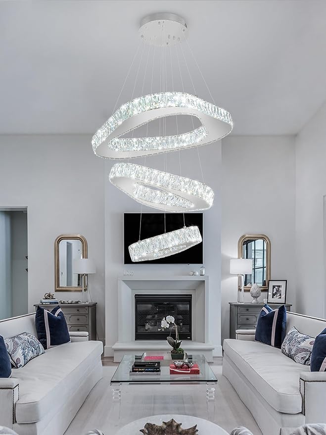 Modern Led Chandelier Adjustable 3 Rings Crystal Chandelier for Living Room Foyer Stairwell Lighting High Ceiling Light Dimmable 2700K-6000K