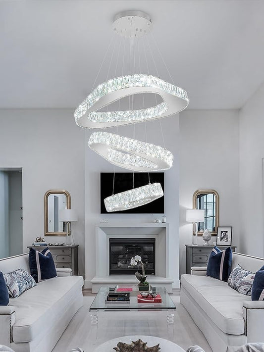 Modern Led Chandelier Adjustable 3 Rings Crystal Chandelier for Living Room Foyer Stairwell Lighting High Ceiling Light Dimmable 2700K-6000K