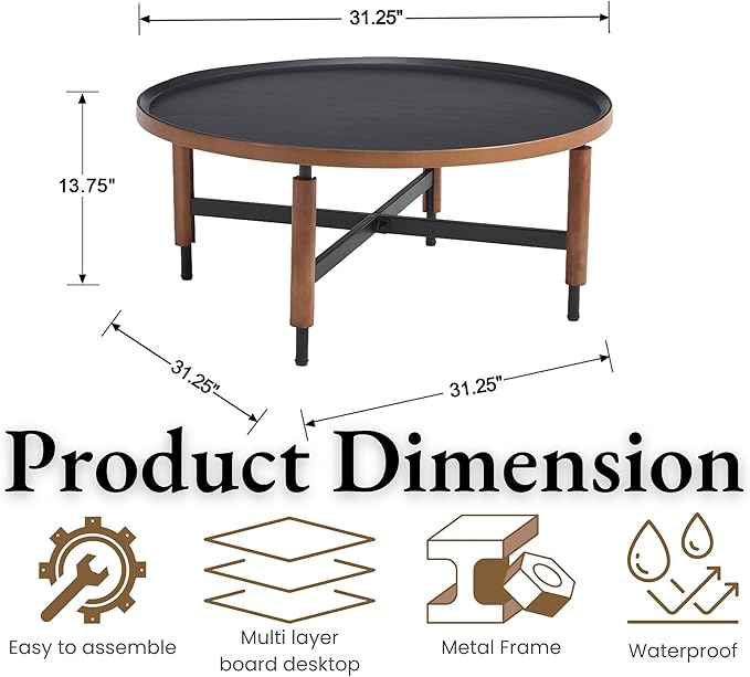 EALSON 31.25" Round Coffee Table Mid Century Modern Coffee Tables with Black Metal Legs/Wooden Top Circle Accent Center Table for Living Room Reception Apartment Office,Walnut