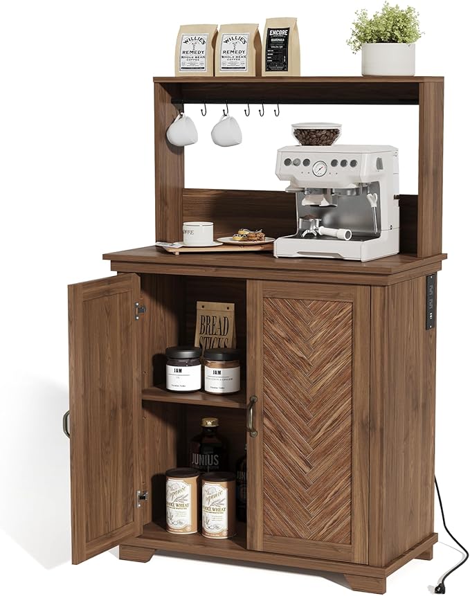 Farmhouse Coffee Bar Cabinet with Storage,31.5" Kitchen Cabinet with Hooks and Charging Station,Coffee Station with Adjustable Shelf and Hutch,Sideboard for Living Dining Room