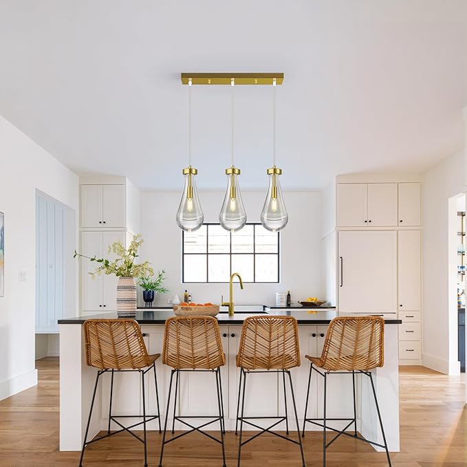 Raindrop Pendant Lights Kitchen Island Teardrop Gold Hanging Light Fixtures Clear Solid Glass Pendant Light Modern Chandeliers for Dining Room Porch Corridor Living Room(Long Plate-3 Lights)
