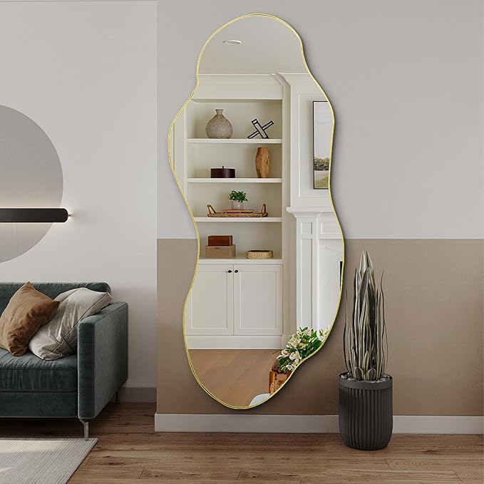 Large Irregular Mirror, 63"x27.2" Asymmetrical Wall Mirrors, Wavy Shaped Mirror Full Length, Modern Unique Mirrors for Living Room Bathroom Bedroom Hallway Entryway Fireplace