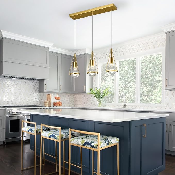 Gold Dandelion Pendant Light in Brushed Brass Finish, 3 Light Modern Crystal Kitchen Island Pendant Lighting Dimmable LED Hanging Ceiling Light Fixture for Kitchen Island Bedroom