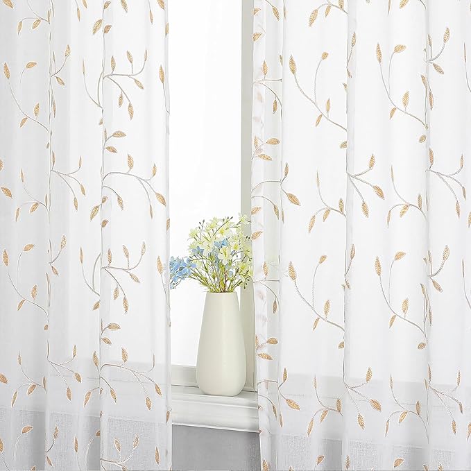 VISIONTEX White Sheer Voile Curtains, Decorative Orange Leaves Embroidery Faux Linen Rod Pocket Window Drapes for Home Kitchen, Living Room and Bedroom 54 x 84 Inch, Set of 2 Curtain Panels