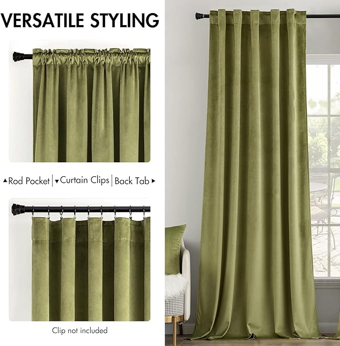 MIULEE Velvet Curtains 108 inches Long 2 Panels - Luxury Room Darkening Curtains for Bedroom Living Room Thermal Insulated Noise Reducing Super Soft Window Drapes Rod Pocket & Back Tab, Moss Green