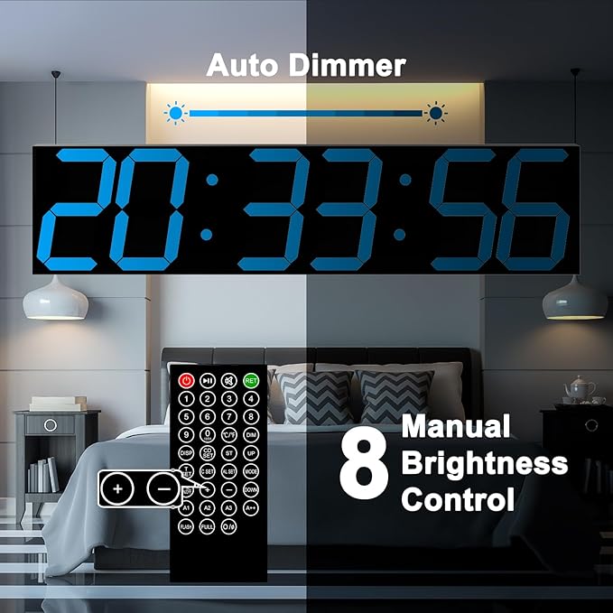 Digital Wall Clock, Oversize Led Digital Clock Large Display with Auto Dimmer, Huge Countdown Timer with Remote Control, 27" Wide Display, 6 Digits, Wall Mount, Date and Temperature(Ice Blue)