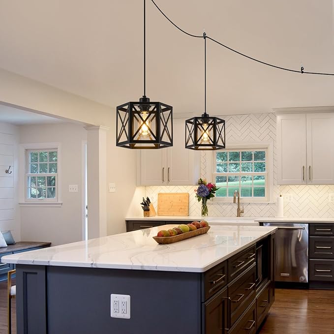 2 Pack Plug in Pendant Light, Farmhouse Black Hanging Lights with Plug in Cord, 16.4FT Hexagonal Metal Plug in Hanging Lamp Kit, Dimmable Ceiling Light Fixture for Kitchen Island Hallway