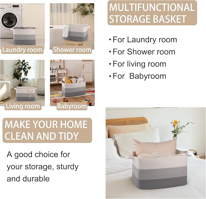 OIAHOMY Cotton Rope Basket, Rectangle Woven Baskets for Storage, Nursery Blanket Storage Living Room, Toy Basket With Handle-17.7”x13.8”x11”-Gradient Grey