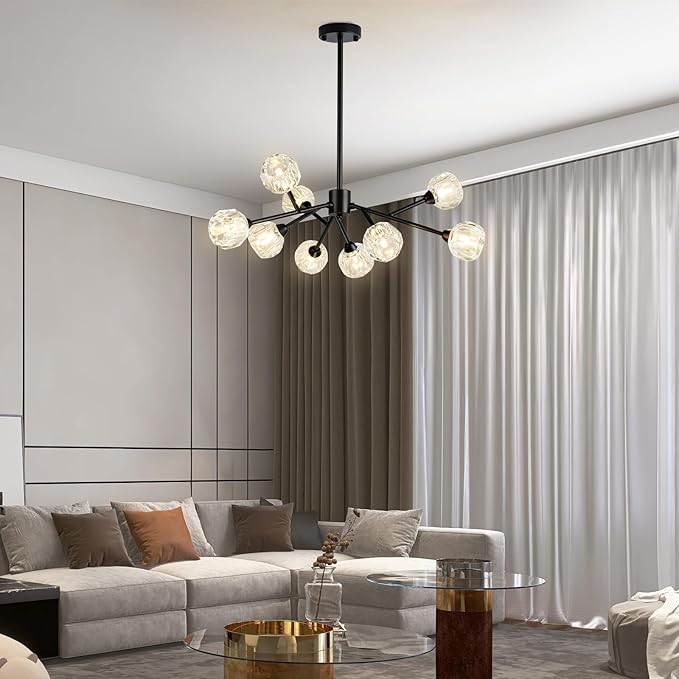 Sputnik Chandeliers for Dining Room Light Fixture Over Table, Modern Crystal Chandeliers, 9 Lights Black Lighting Fixtures for Living Room Bedroom Kitchen Island Bar