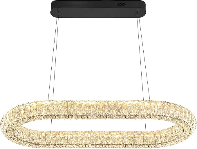 Oval Crystal Chandelier, 31.5'' Black Crystal Ring Pendant Light for Kitchen Island Modern Linear Oval Chandeliers for Dining Room Dimmable 3000K-6000K