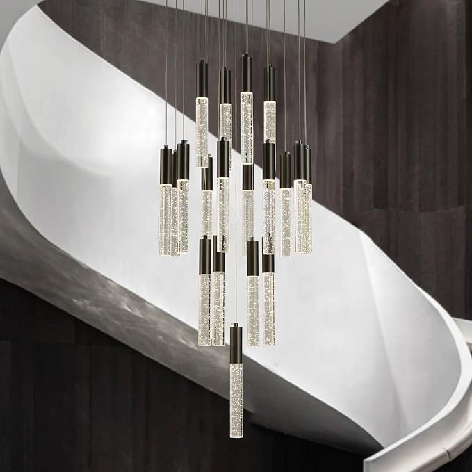 Modern Black Pendant Lights, Large Raindrop LED Hanging Lamps High Ceiling, Round Dimmable Crystal Chandeliers for Dining Room Living Room Staircase Farmhouse