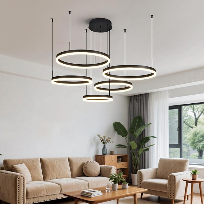Modern Black Ring Chandelier LED Circle Geometric Pendant Light Dimmable 5 Rings Ceiling Light Fixtures High Ceiling Foyer Chandelier for Living Room Dining Room Bedroom