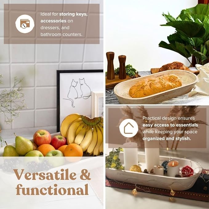 Wooden Dough Bowl - Large Rustic White Acacia Wood - Handmade Decorative Bowls for Home Decor, Bathroom, Kitchen Counter, & More - Rustic Large Wood Dough Bowl for Decor, Cosmetics, and Keys