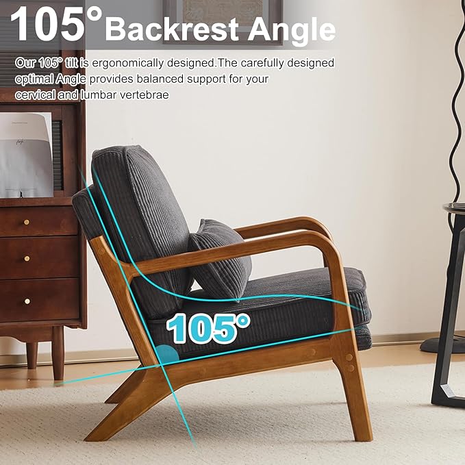 Karl home Mid-Century Modern Accent Chair, Living Room Chairs with Pillow Corduroy Upholstered Lounge Armchair with Solid Wood Frame & Soft Cushion for Bedroom, Reading Room, Dark Gray
