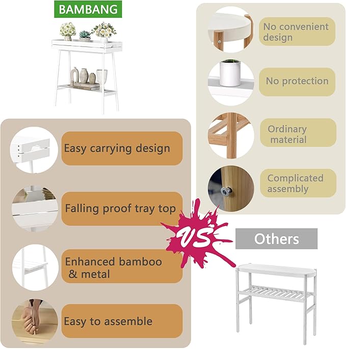 BAMBANG Bamboo Plant Stand Indoor, 2 Tier Small Plant Table, Tall Plant Stand for Indoor Plants, Window Sill Plant Shelf, Flower Pot Holder Plant Bench Plant Rack for Living Room Outdoor, White