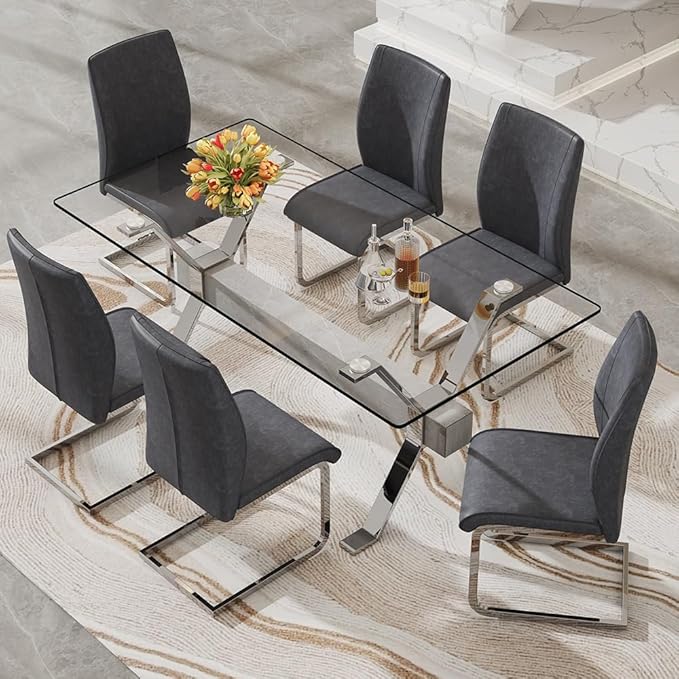 71'' Glass Dining Table Set for 6,7 Piece Dining Table Set with Tempered Glass Tabletop and Open‑Frame X‑Shaped Metal Base,Kitchen Table and Chairs Ideal for Dining Room&Home Office