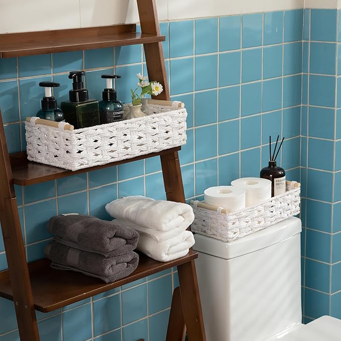 OIAHOMY Toilet Paper Baskets Handmade Paper Rope Decorative Wicker Storage Tank Shelf Cabinet Organizer for Bathroom Home, Set of 2, White