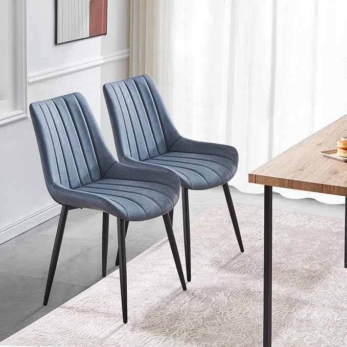 TUKAILAi Faux Leather Dining Chairs Set of 2, Modern Linear Design Kitchen Chairs with Upholstered Seat and Metal Legs, Comfortable Side Chairs for Dining Room Restaurant Commercial (Blue)