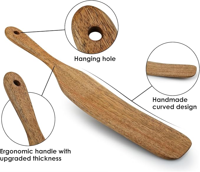 Wooden Spurtle Kit 5 Pieces Teak Wood Spoons Kitchen Tools for Nonstick Cookware, Salad Strainer and Making Cake