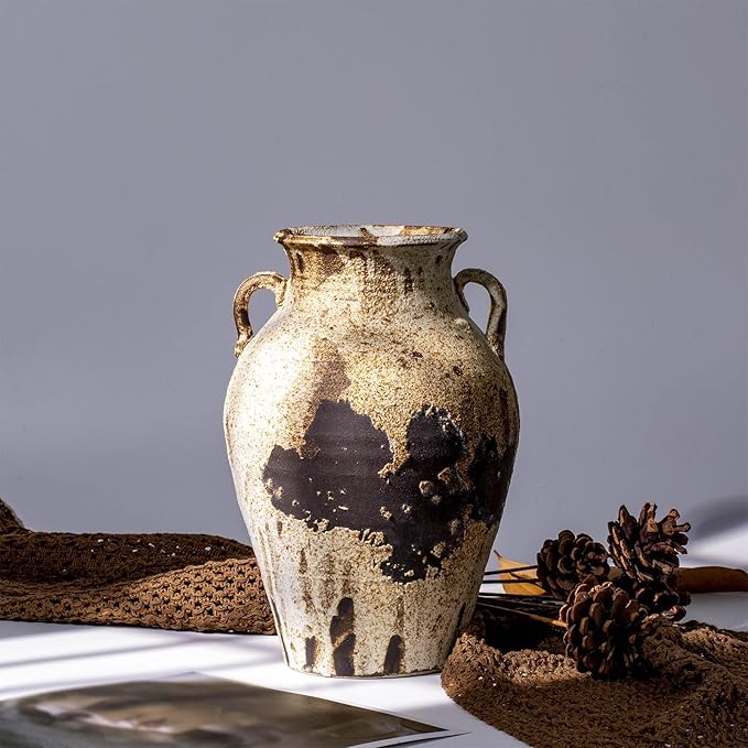 Pottery Vase - Vintage Rustic vase, 10" White Farmhouse Weathered Terracotta Vases, Handmade Clay Vase with Two Handles, Tall Textured Antique vases for Home Decor, Entryway, Fireplace Mantel Deco