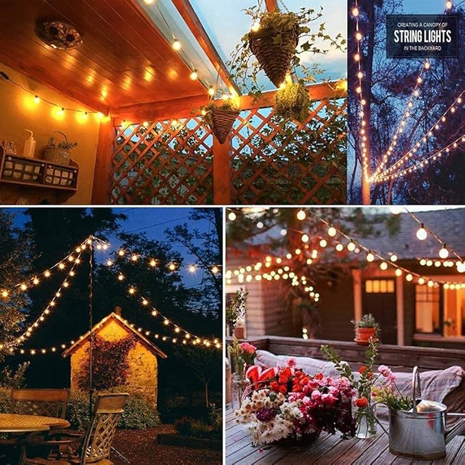G40 Outdoor Globe String Lights, 25ft Hanging Patio Lights with 27 Incandescent Bulbs (2 Spare), Connectable Backyard Bistro Wedding Decor, E12 Base, 5W-Black Wire