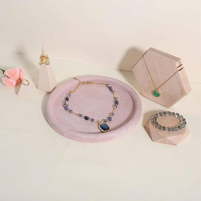 GemeShou Round Jewelry Organizer plate, Top Microfiber velvet Jewerly display tray, Empty Jewelry showcase tray for Necklace Bracelet Ring Earring display stand holder (Pink-Large, 9.8 x 9.8 in)