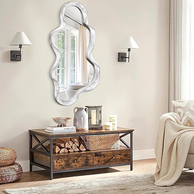 Irregular Wood Frame Mirror Asymmetrical Mirrors for Wall Unique Cloud Modern Living Room Bedroom Vanity Entryway Hallway Decorative Artistic Cute and Stylish Wall Mirror Large