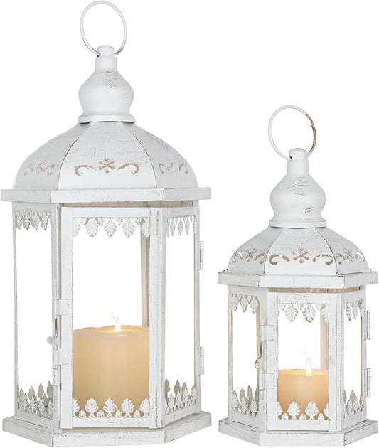 Lanterns Decorative Outdoor&Indoor, Set of 2 (15"&11") White Metal Lantern Decor with Glass, Candle Holder for Porch, Patio, Garden, Balcony, Wedding, Table Centerpiece